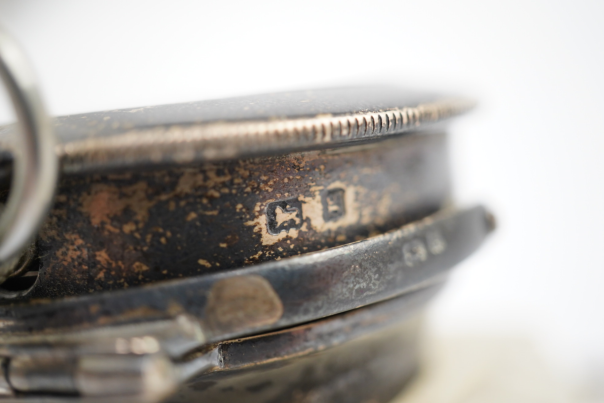 An Edwardian silver watch mounted glass inkwell, maker's mark rubbed